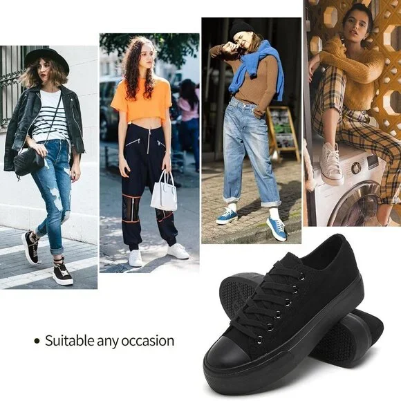 Women Platform Sneakers Canvas Low Top Shoes Slip Resistant Rubber Sole - Picture 3 of 8